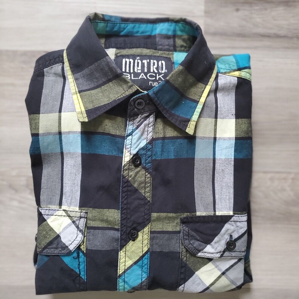 Metro Rue 21 Shirt Mens Size Small Plaid Brown & Black Button Up Casual Shirt